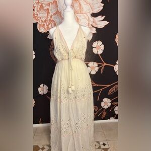 Papa Pia Bohemian Eyelet Maxi Dress in Cream with Pink Trim and Sequin Detail